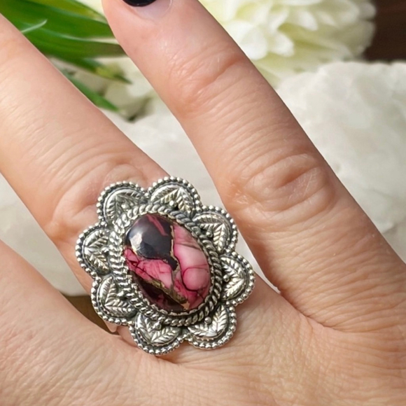 Southwest Jewelry - Pure Sterling Silver 925 Red Dahlia Turquoise Flower Navajo Style Ring Size 8.75